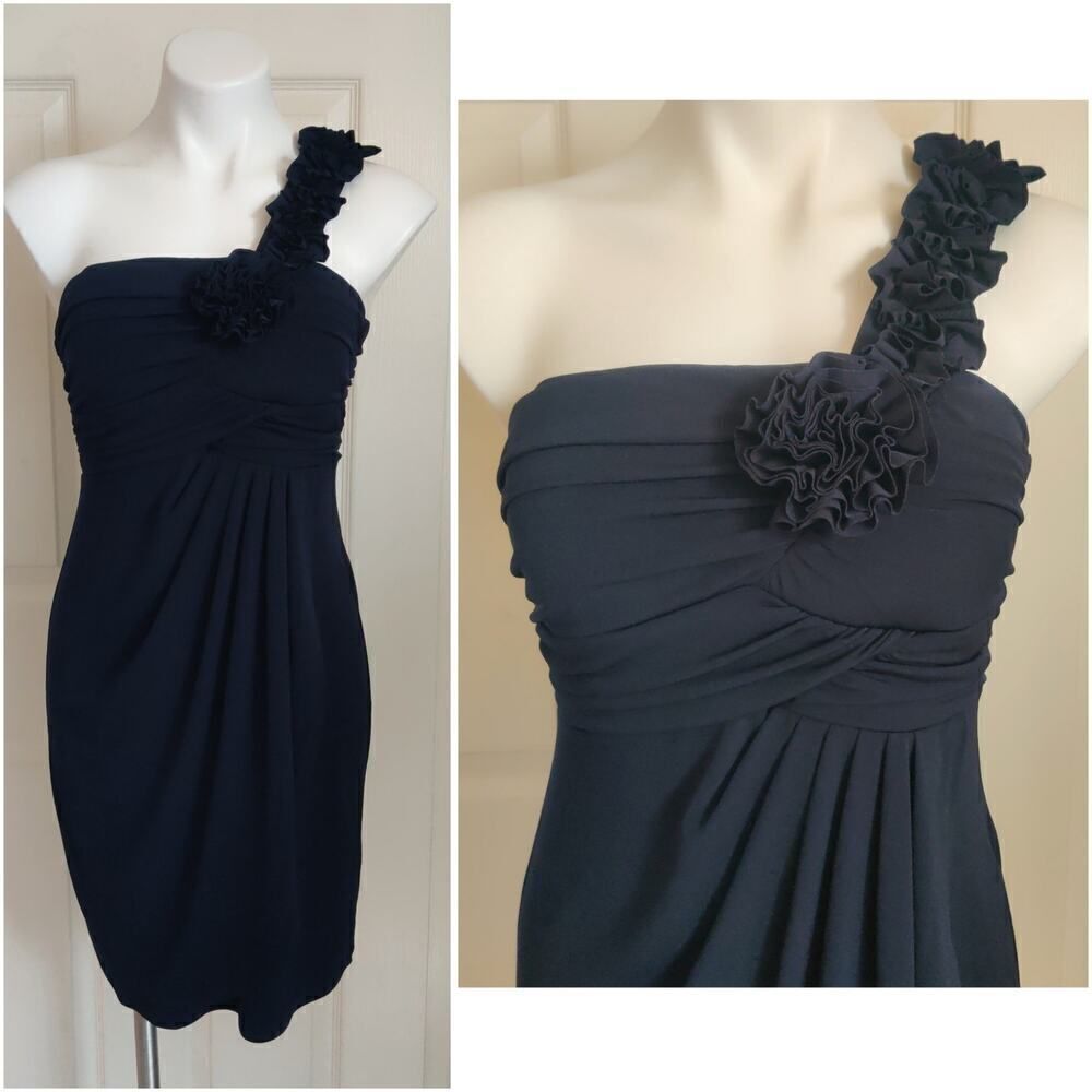 Enfocus One Shoulder Floral Applique Ruched Cocktail Dress sz 6